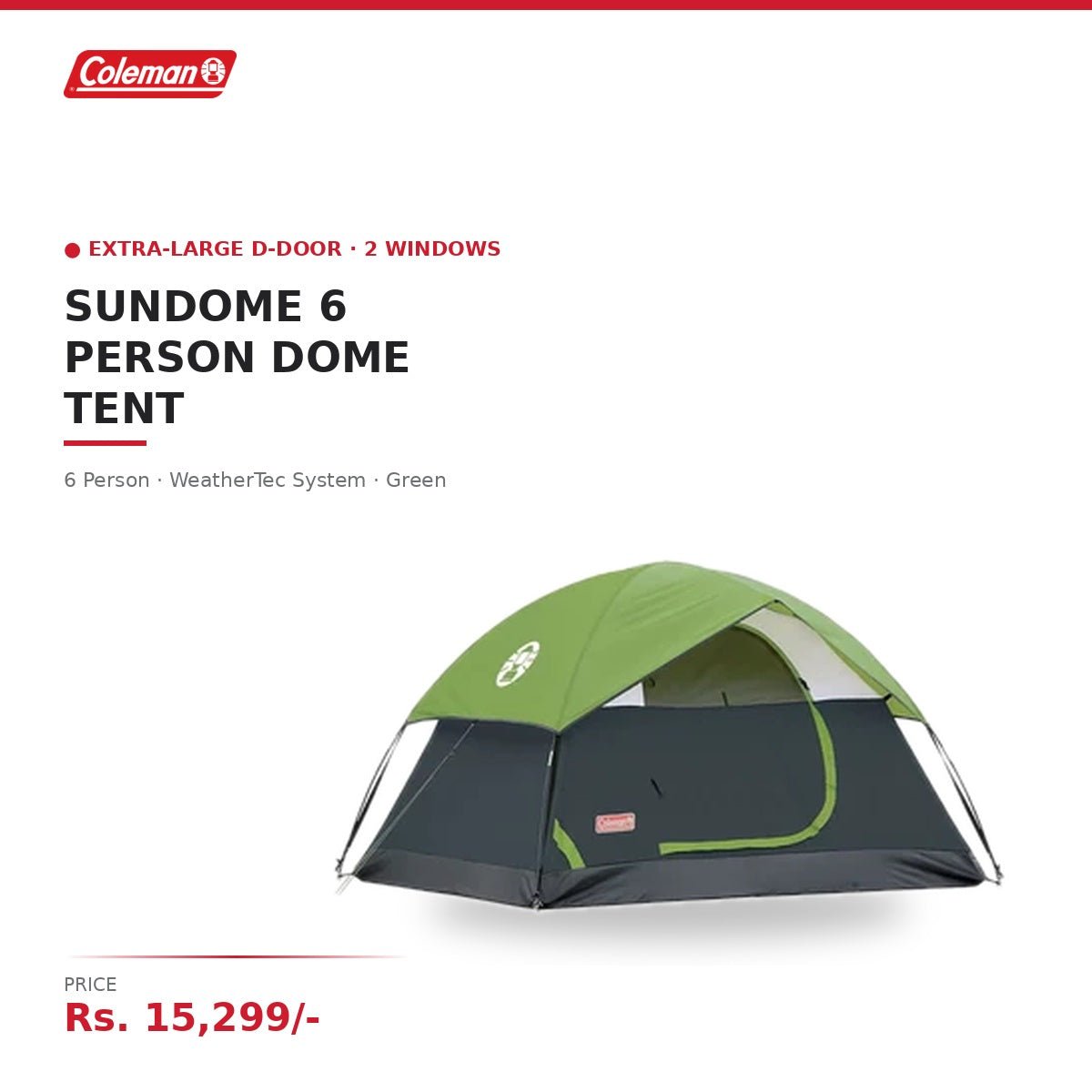 Coleman Sundome 6 Person Camping Dome Tent | WeatherTec System | Door Awning | Extra-Large D-Door | 2 Windows | E-Port | For Group Camping | Green - Image 2