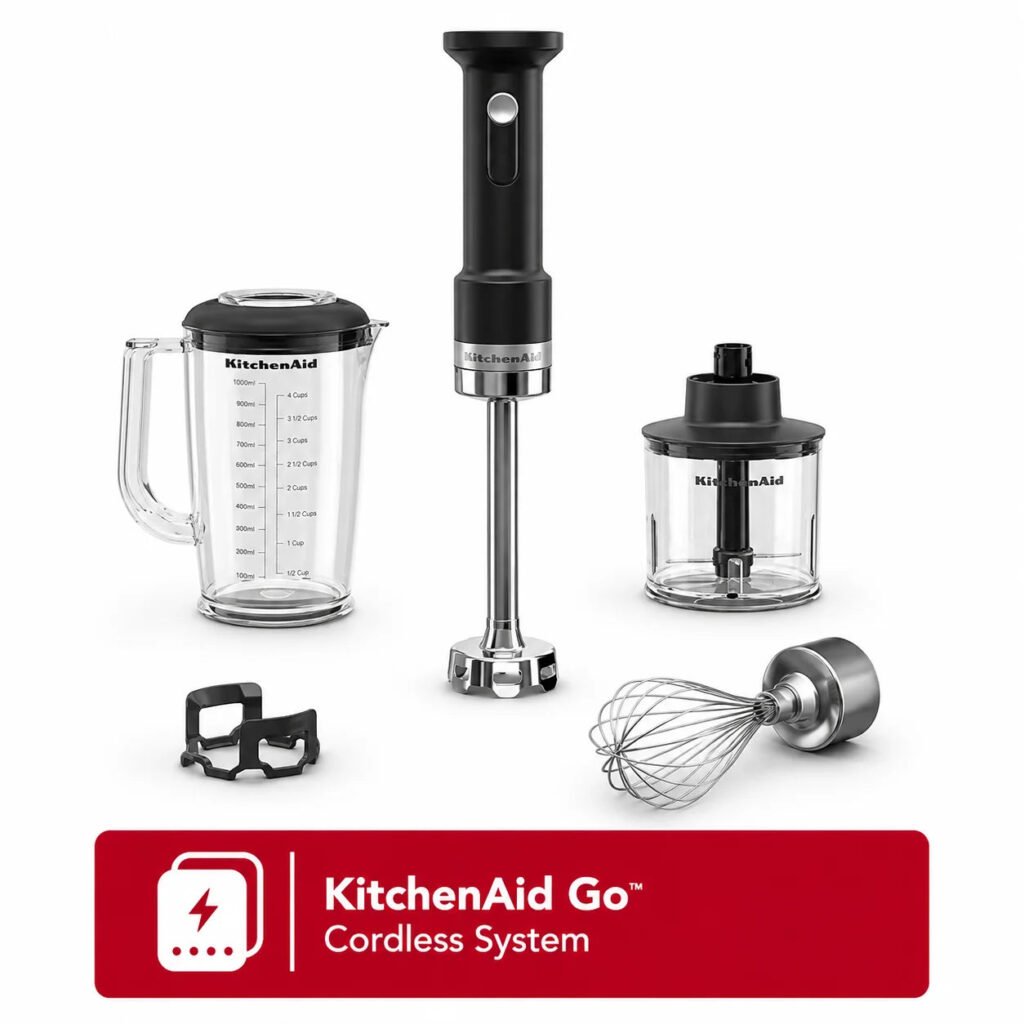 KitchenAid Go Cordless Hand Blender with Accessory Kit – Chopper, Whisk, Jar & Pitcher, Black Matte (Battery Sold Separately)