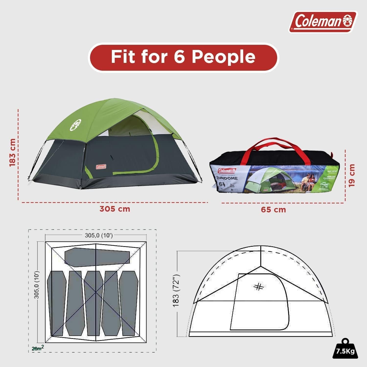 Coleman Sundome 6 Person Camping Dome Tent | WeatherTec System | Door Awning | Extra-Large D-Door | 2 Windows | E-Port | For Group Camping | Green - Image 3