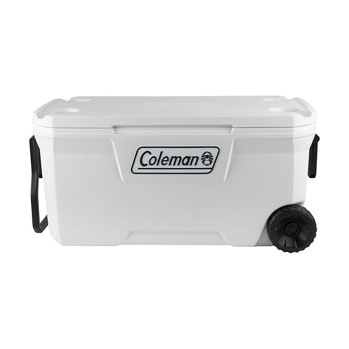 Coleman Xtreme Marine Wheeled Cooler | 100QT / 94L | Holds 160 Cans | Ice Retention 5 Days | Telescoping Handle | Have-A-Seat Lid | White/Blue