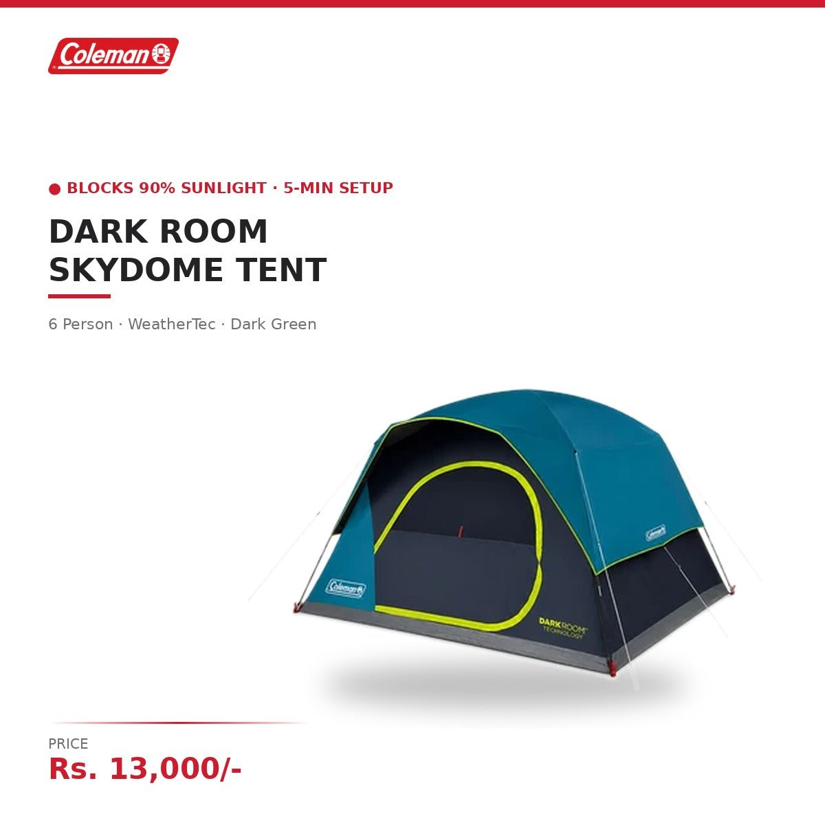 Coleman Dark Room SkyDome Tent | 6 Person | Blocks 90% Sunlight | Pre-Attached Poles | 5-Min Setup | WeatherTec | Near-Vertical Walls | Dark Green - Image 2