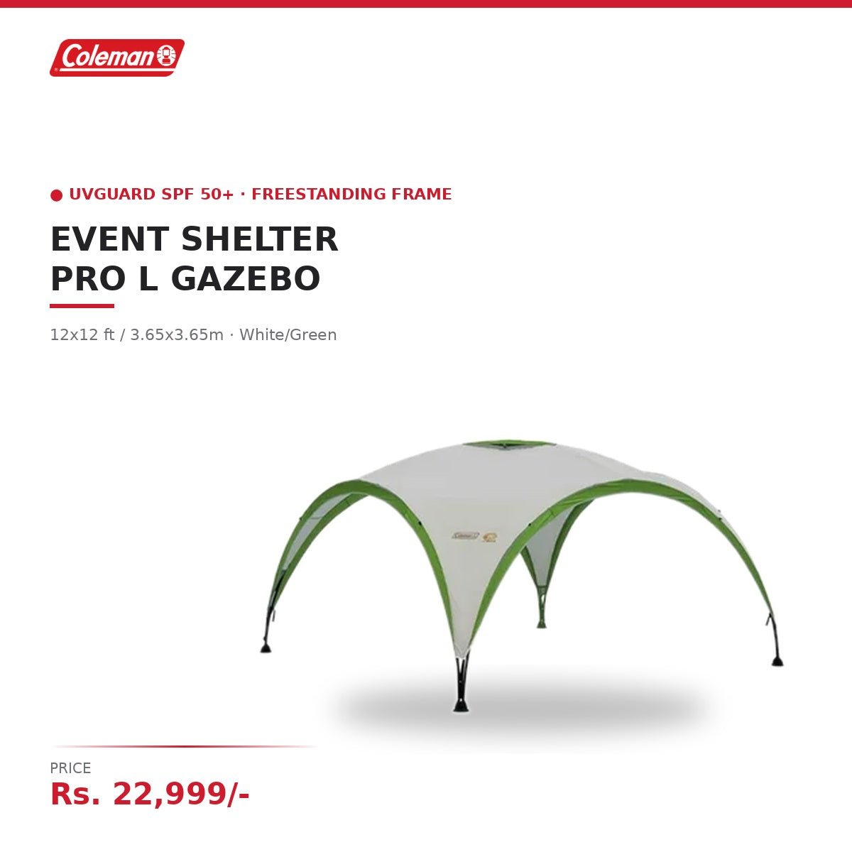 Coleman Event Shelter Pro L Gazebo | 12x12 ft / 3.65x3.65m | UVGuard SPF 50+ | Water-Resistant Canopy | Freestanding Steel Frame | White/Green - Image 2