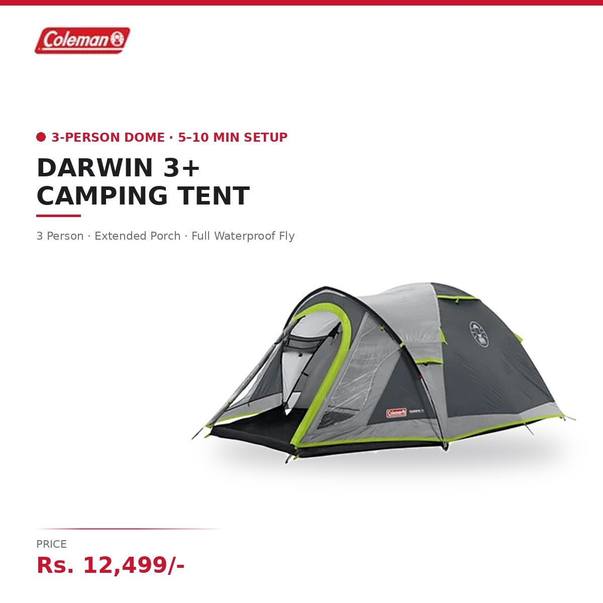 Coleman Darwin 3+ Camping Tent | 3 Person | Extended Porch Gear Storage | Full Waterproof Fly | 5-10 Min Setup | All-Season Polyester Dome | Green - Image 2