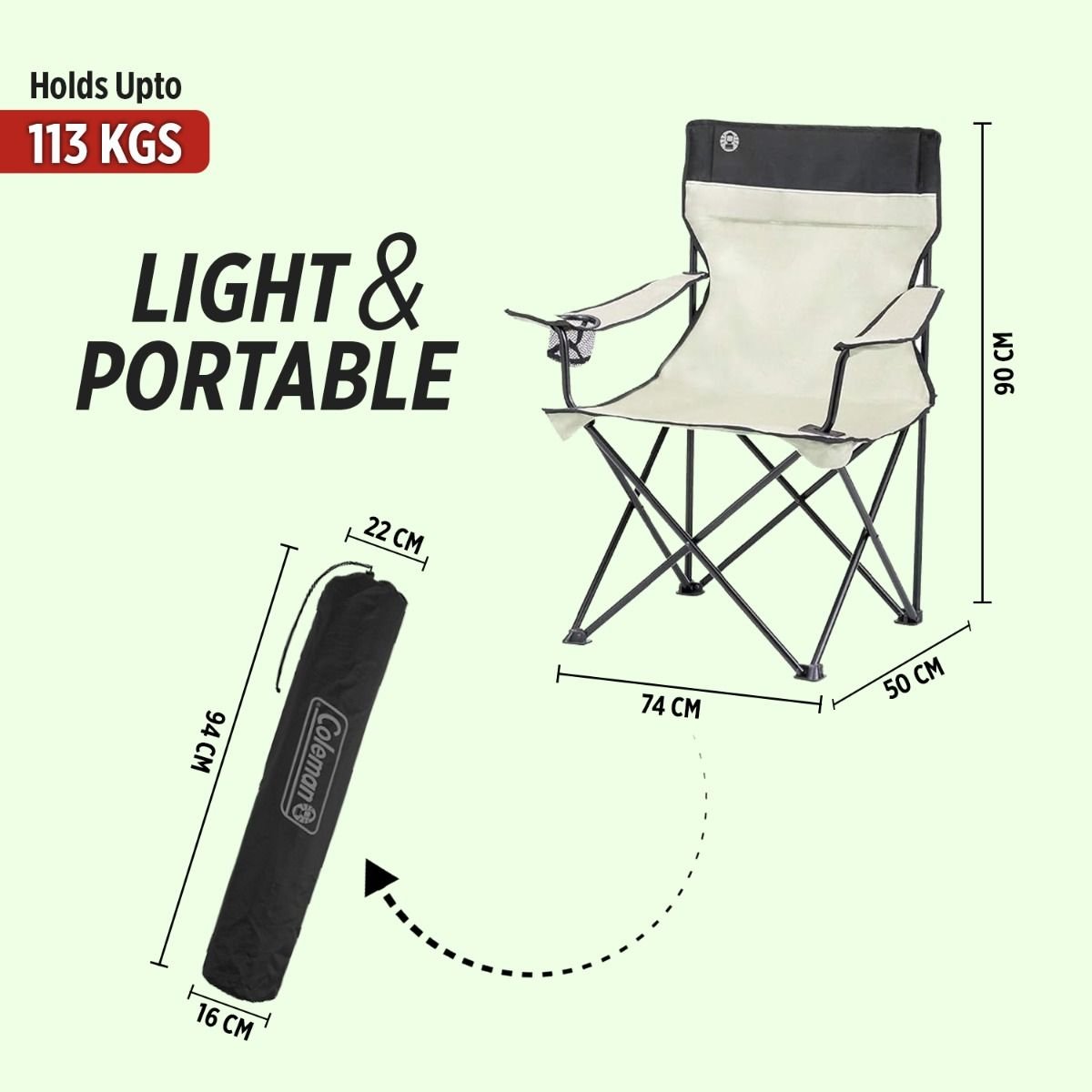 Coleman Standard Quad Folding Camping Chair | Steel Frame | Armrests | With Carry Bag | For Camping, Picnics & Outdoor Use | Khaki - Image 3