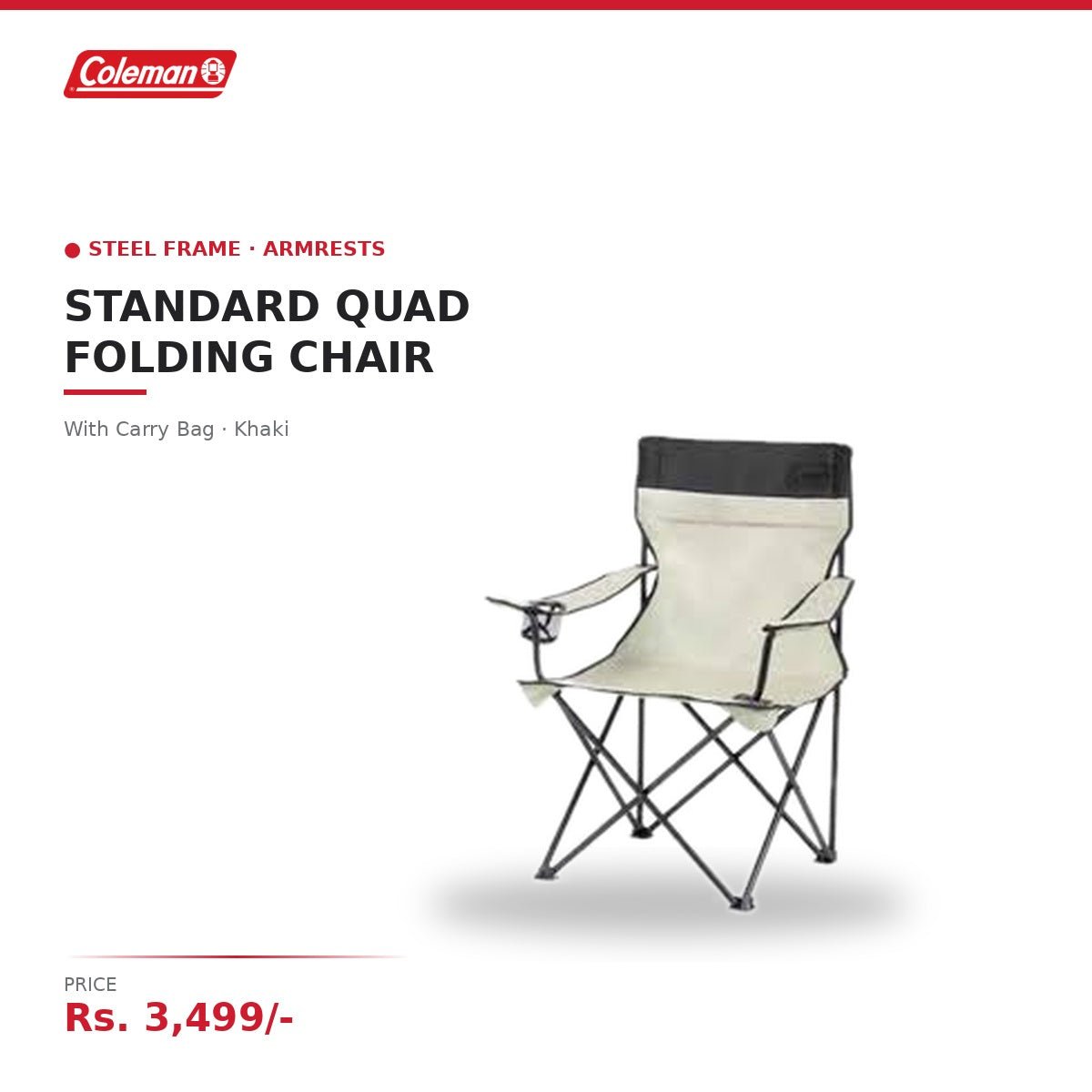 Coleman Standard Quad Folding Camping Chair | Steel Frame | Armrests | With Carry Bag | For Camping, Picnics & Outdoor Use | Khaki - Image 2