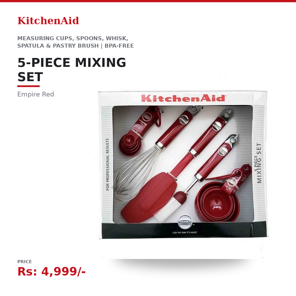 KitchenAid 5-Piece Plastic Mixing Set | Measuring Cups, Spoons, Whisk, Spatula & Pastry Brush | BPA-Free | Dishwasher-Safe | Empire Red - Image 2