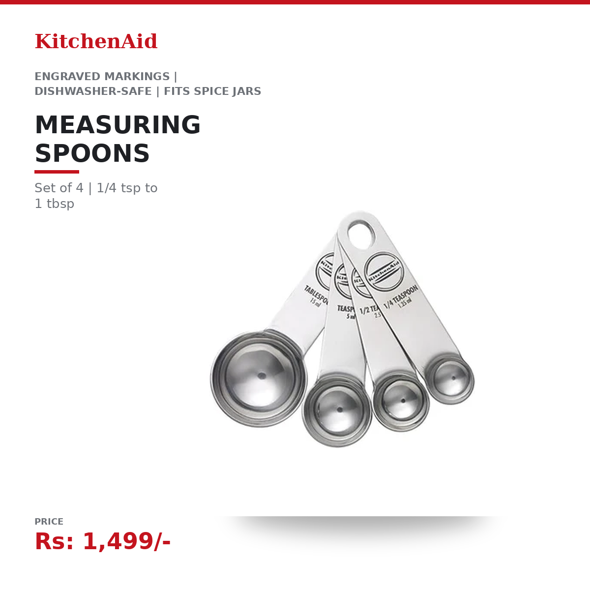 KitchenAid Stainless Steel Measuring Spoon Set of 4 | 1/4 tsp to 1 tbsp | Engraved Markings | Dishwasher-Safe | Fits Spice Jars - Image 2
