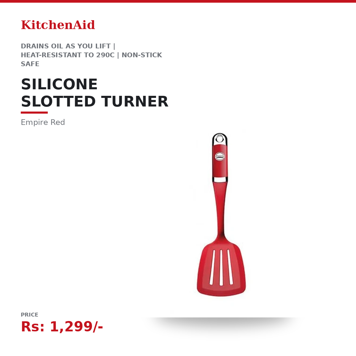 KitchenAid Silicone Slotted Turner | Drains Oil as You Lift | Heat-Resistant to 290°C | Non-Stick Safe | Dishwasher-Safe | Empire Red - Image 2