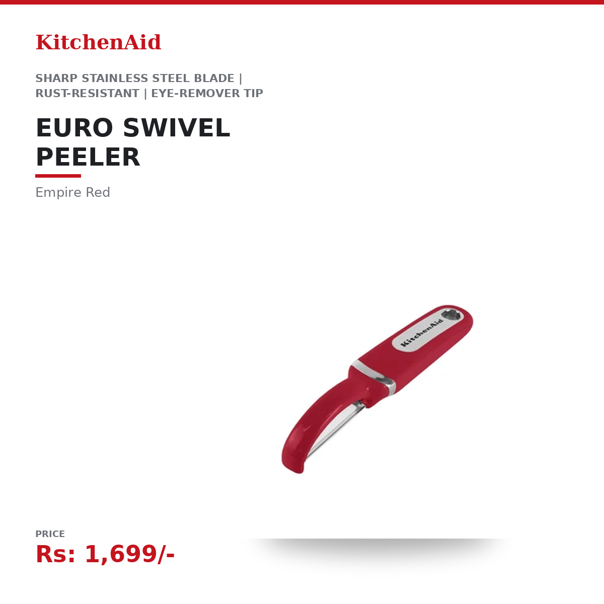 KitchenAid Euro Swivel Peeler | Sharp Stainless Steel Blade | Rust-Resistant | Eye-Remover Tip | Dishwasher-Safe | For Vegetables & Fruits | Empire Red - Image 2
